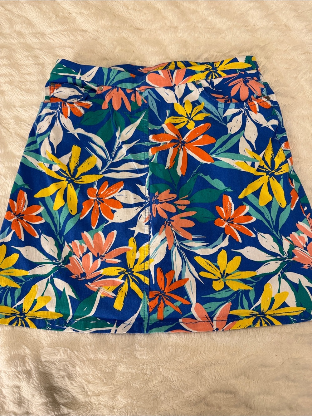 hearts of palm Blue Floral Mini Skirt with Yellow & Coral Blooms